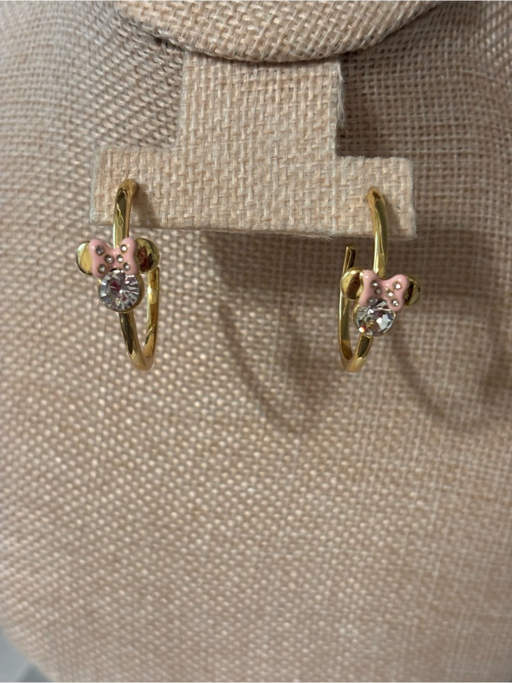 Gold Hoop Earrings Minnie with Pink Bow and Crystal Accent